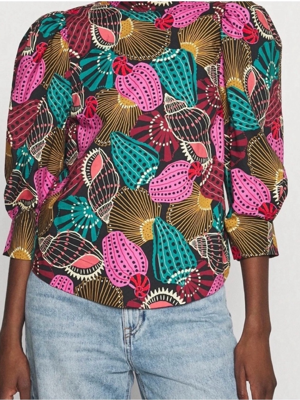 FARM Rio Pink & Teal Shell-Print Poplin Blouse Small